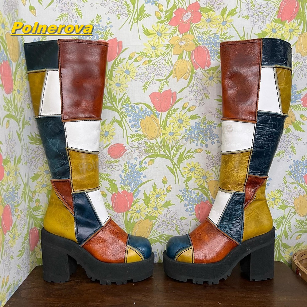 Vintage Fashion Heels - Damen Retro Patchwork Leder Kniehohe Stiefel