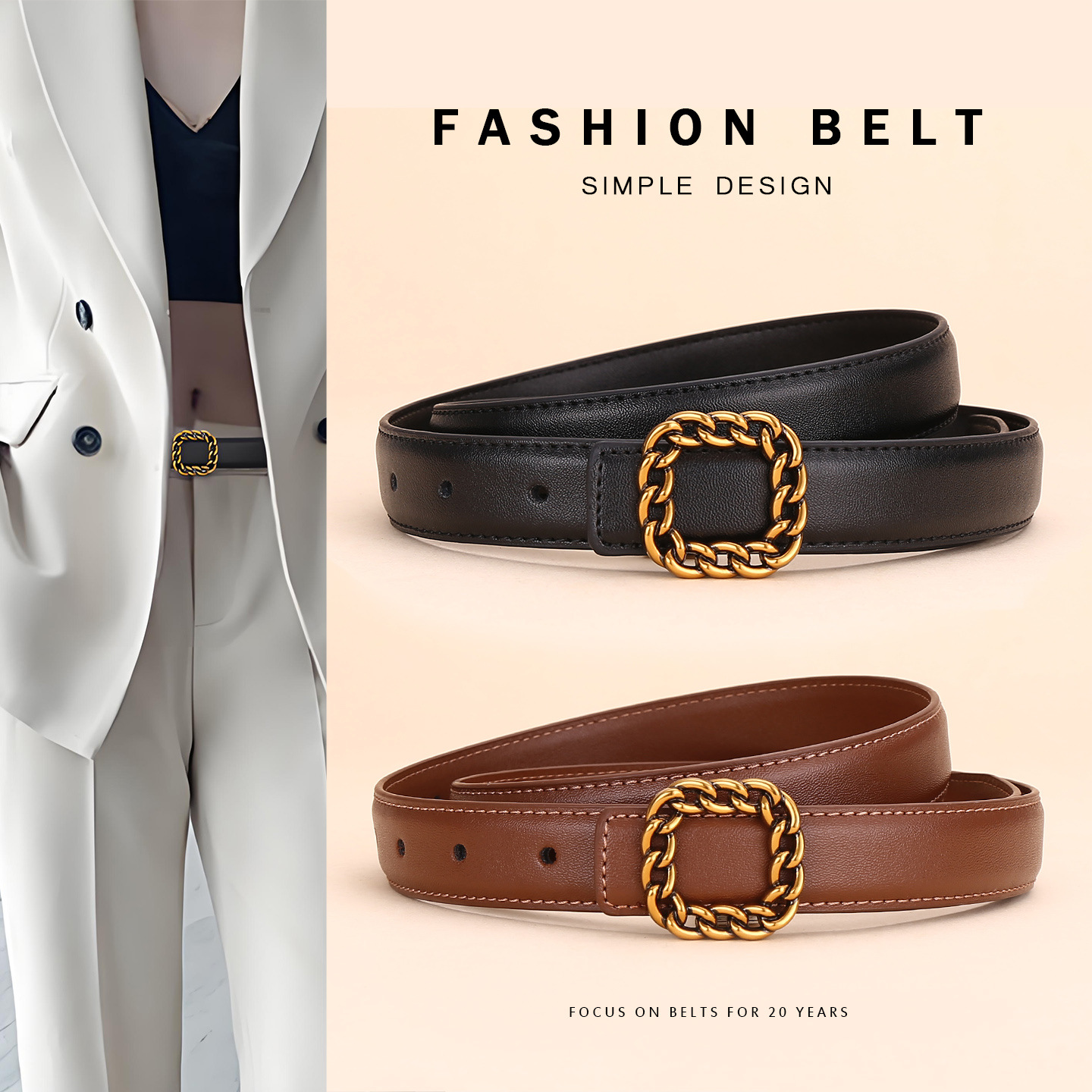 Vintage Fashion Looks - Damen Vintage Quadratische Schnalle Ledergürtel; Vielseitiger