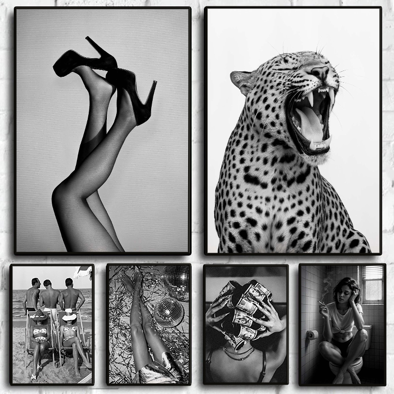 Vintage Vogue Fashion Poster - Stilvolles Schwarz-Weiß-Poster Sexy Weiblicher Leopard Vintage