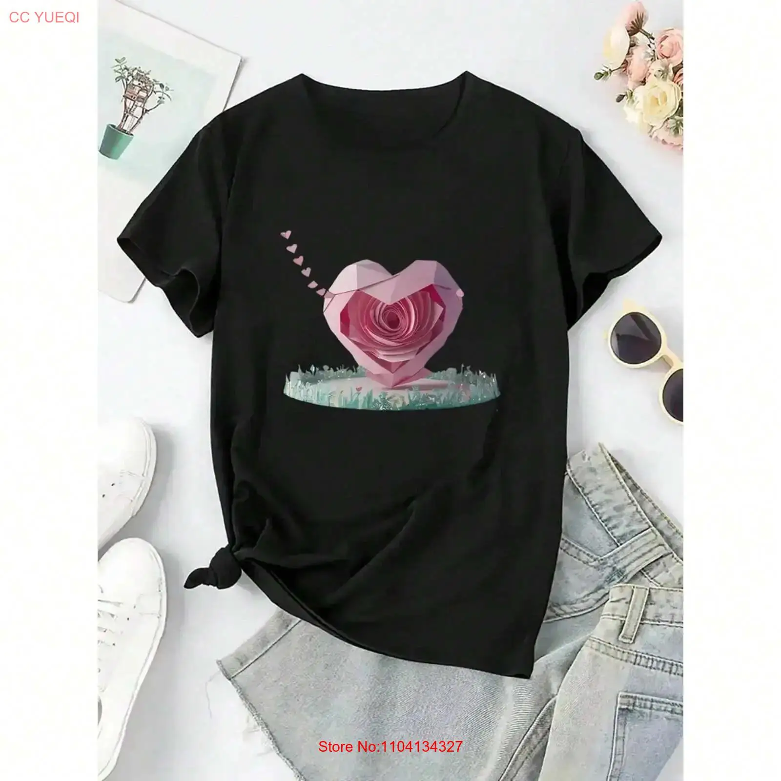 Vintage Fashion Patterns - Kreatives Origami-Blumenherzmuster bedrucktes modisches Damen-T-Shirt im