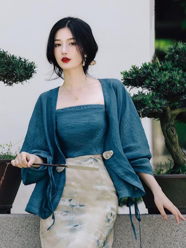 Vintage Fashion Years - Übergröße Blumenmuster Offener Cardigan Trägerkleid-Set Chinesischer