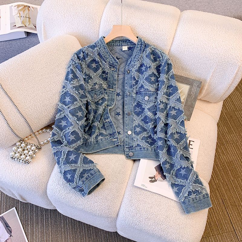 Patchwork Jean Jacket - Mantel Frauen Denim Mäntel Rundhals Jacken