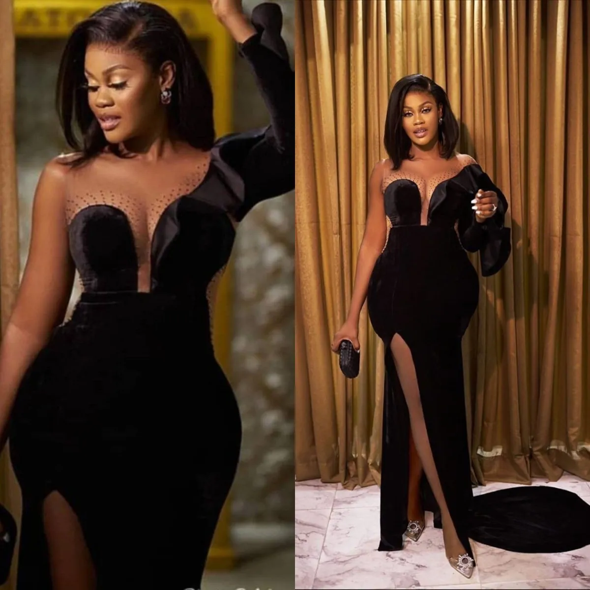 Vintage Fashion Runway - Sexy schwarzes Meerjungfrau-Abendkleid, gerüschtes, einschultriges Ärmelkleid