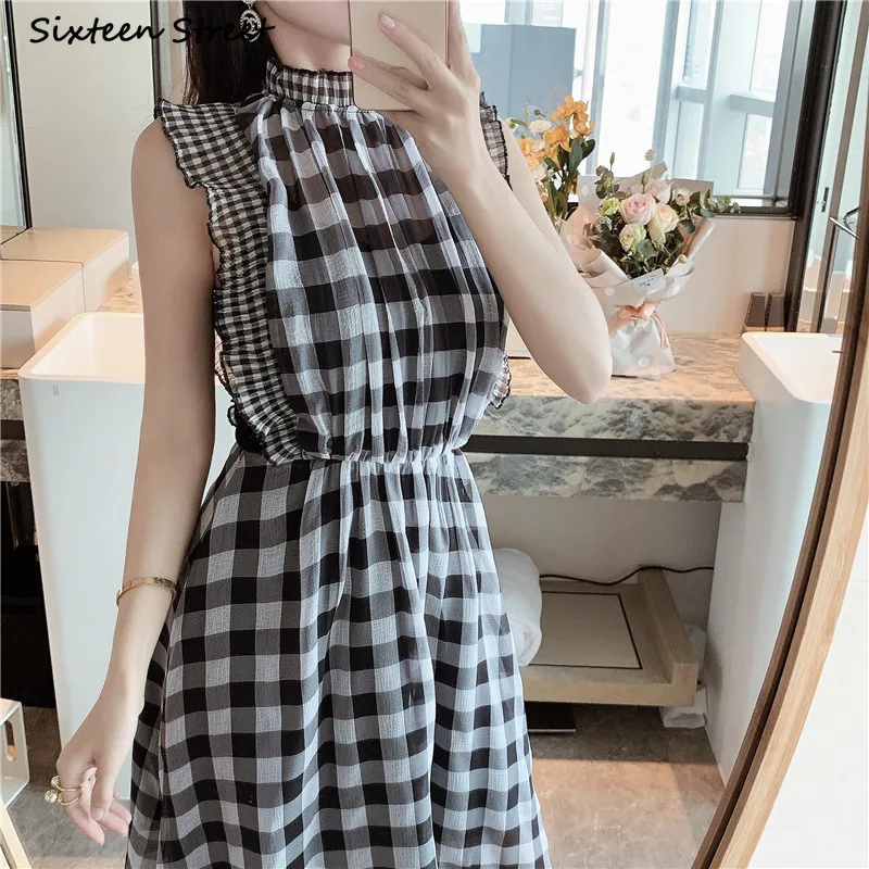 Vintage Fashion Runway - Plaid Ärmelloses Kleid für Frauen Oansatz