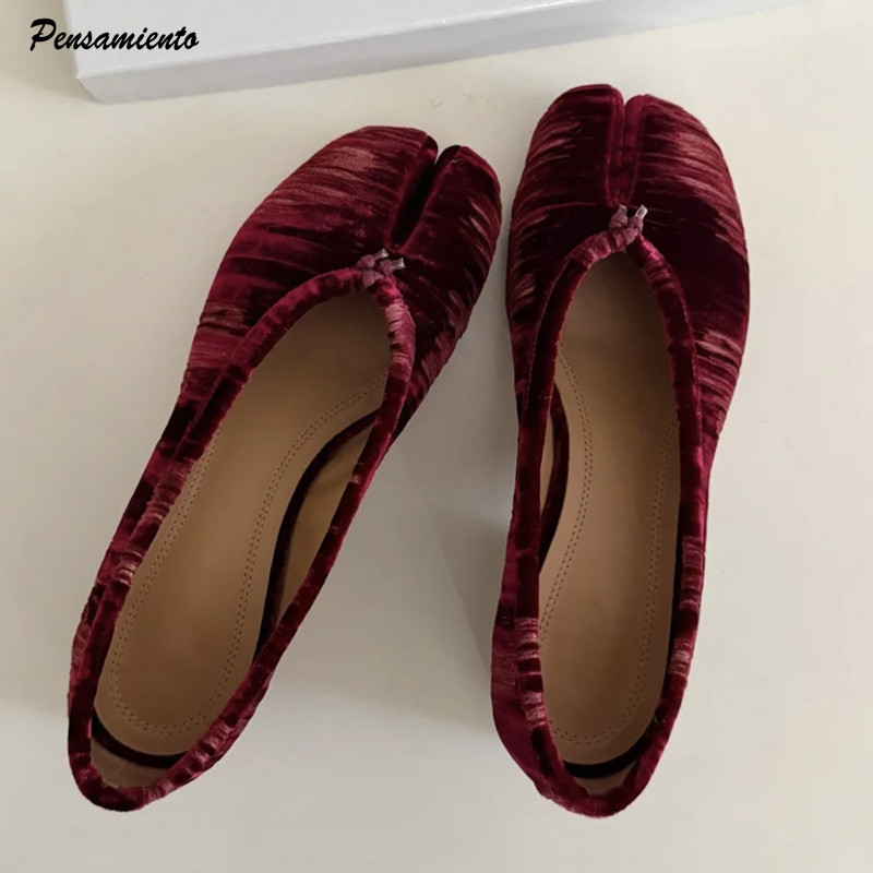 Vintage Fashion Design - Modische Plissierte Designer-Flanell Split-Toe Damen Ballerinas