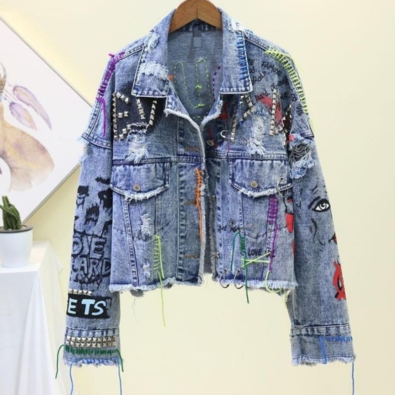 Patchwork Jean Jacket - Trendige Graffiti-lässige Denim-Kurzjacke für Damen, personalisierte