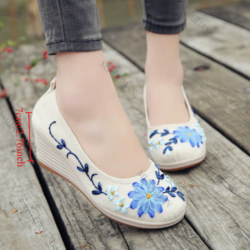 Vintage Fashion Heels - Bestickte Damen-Komfort-Keilabsatzschuhe, modische Schleifen-Damenschuhe mit hohen