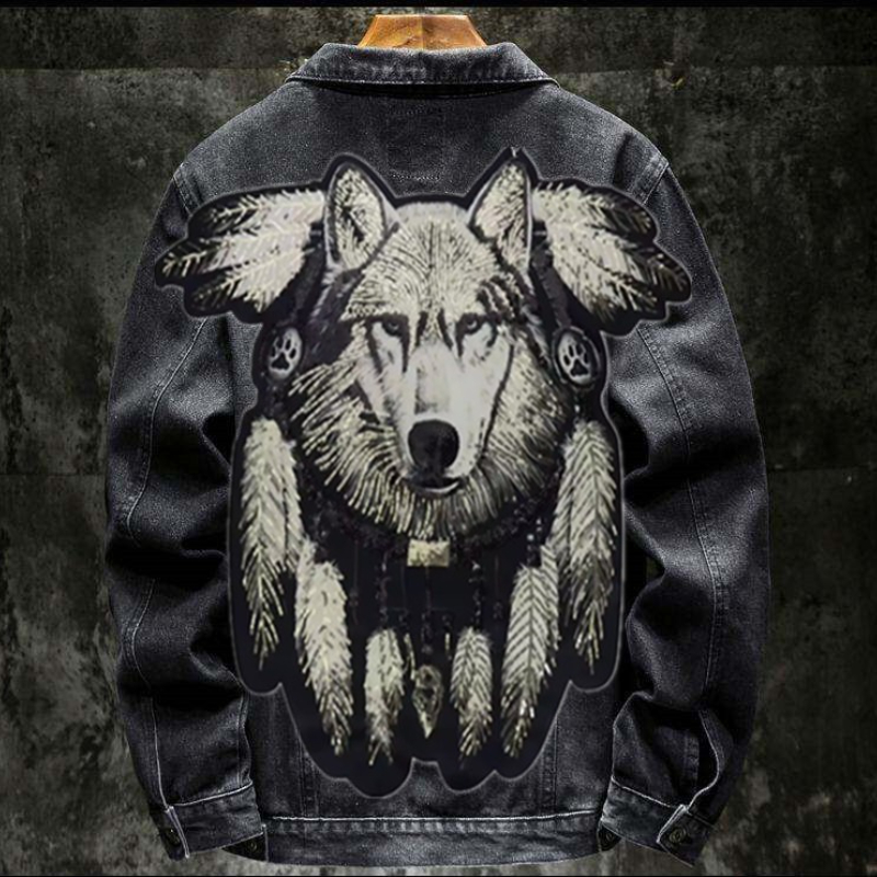 Patchwork Jean Jacket - Amerika Vintage Schwere Wolf Gestickte Patch
