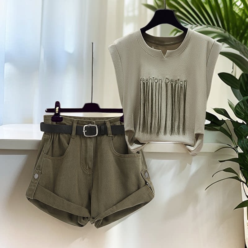 Vintage Fashion Years - Sommerliches, modisches Damen-Set: Ärmelloses T-Shirt mit